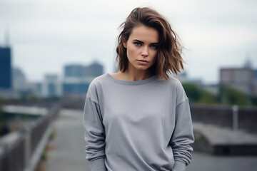 Sadness European Woman In A Gray Polo Shirt On City Background