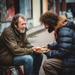 Man giving food to a homeless man on the street. Helping others. Solidarity. - obrazy, fototapety, plakaty