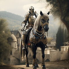 Medieval soldier in armor on a horse.