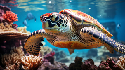 Obraz premium turtle with Colorful tropical fish and animal sea life in the coral reef.generative ai