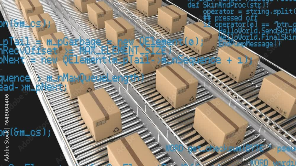 Aufkleber animation of data processing over delivery boxes on converyer belt against black background