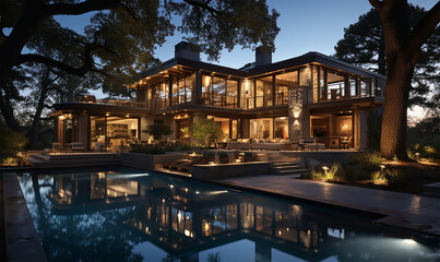 custom-designed residence featuring a pool in the backyard - obrazy, fototapety, plakaty