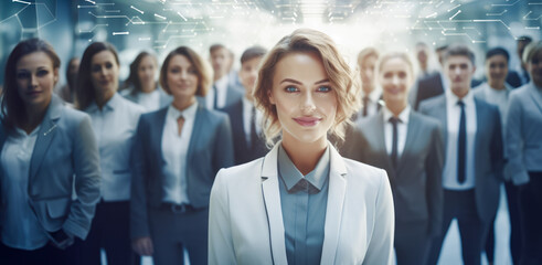 Fototapeta premium Young business woman looking at the camera with her colleagues on the background