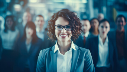 Young business woman looking at the camera with her colleagues on the background