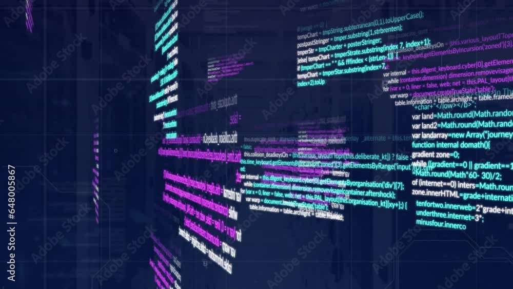 Poster animation of multicolored computer language over data server room