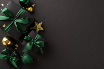 Festive holiday gifts display: Top view of elegant black gift boxes with green bows, complemented by gold and green ornaments, star decorations, confetti on black backdrop. Perfect for greeting or ad