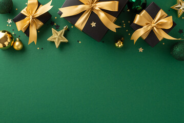 Celebratory gift arrangement: Top view of opulent black gift boxes featuring gold bows, accompanied by gold and green baubles, star embellishments, confetti on green surface for your message or advert