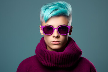 Colorful studio portrait of a cool teenager boy with age specific outfit and accessories. Bold, vibrant and minimalist. Generative AI