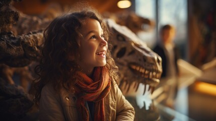 A girl looking at a dinosaur skeleton in a museum