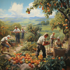 Fruit pickers or seasonal workers working in the field.