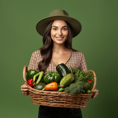 Farmer woman with a basket of fruits and vegetables on a green background.