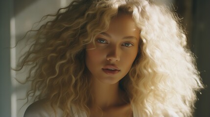 Fototapeta premium A woman with long blonde hair and blue eyes