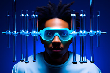 Colorful studio portrait of a young african-american chemist with test tubes, Silver & Electric Blue. Generative AI