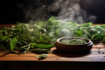 Aromatic Steam Rising In The Sauna With Herbal Infusions - obrazy, fototapety, plakaty