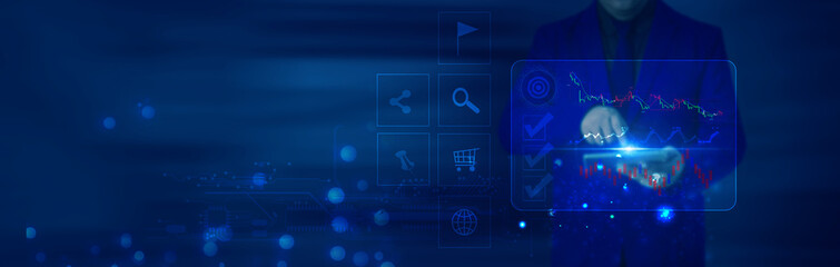 Digital online marketing commerce sale concept. Businessman analysis sales data and plan with...