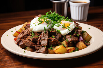 Beef And Potato Hash On Plate In Retrostyle Cafe