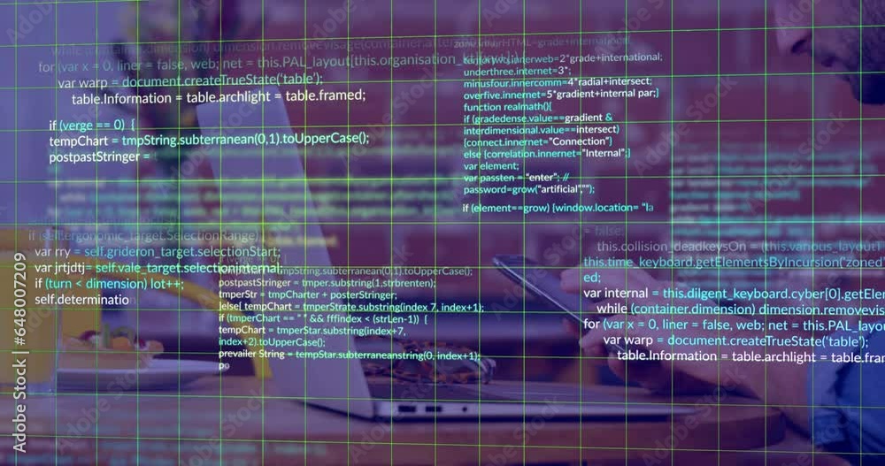 Poster animation of computer language over caucasian man using digital tablet and laptop in cafes
