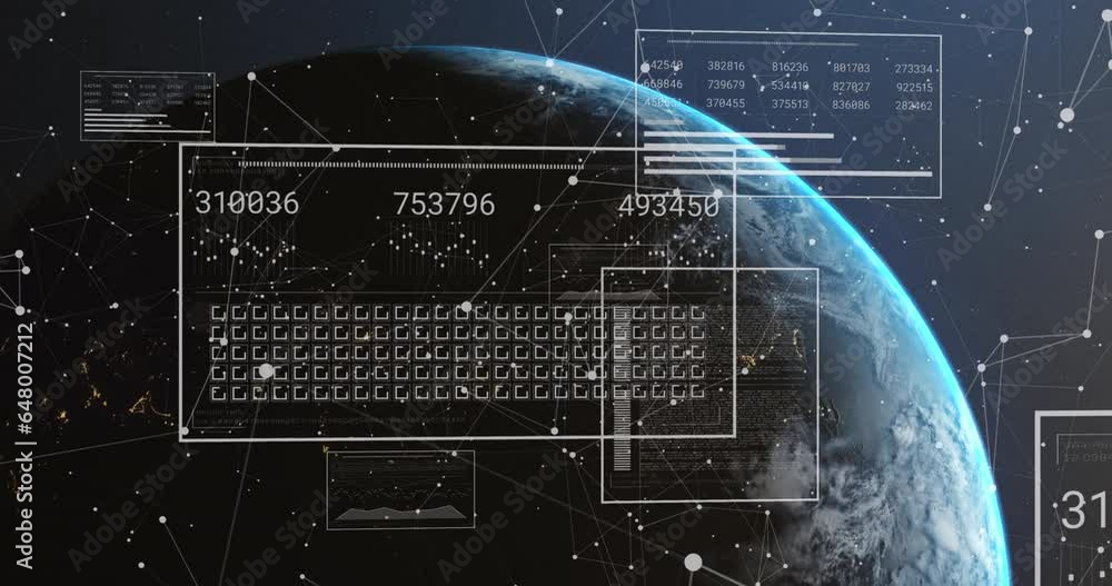 Poster animation of graphs, changing numbers, loading squares and connected dots over globe