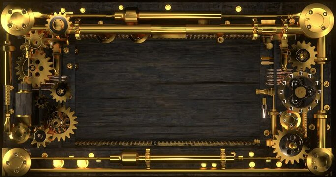 rectangular frame in steampunk style on a black background. Ornate frame in steampunk style. Gears, clockwork elements, rivets, dials, old, cracked, wood, fantasy