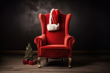 Santa's red hat on a red chair creative minimalism. christmas card