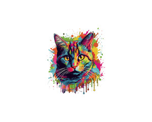 Obraz premium Colorful colorful cat portrait with splashes of paint.at portrait with splashes of paint. isolated on transparent on PNG background