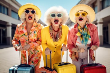 elderly people tourism concept, world day. two happy emotional pensioner woman girlfriends dressed in bright clothes at street on a vacation trip