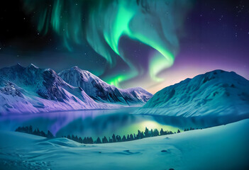 緑色に光るオーロラ,雪山と反射する湖 - obrazy, fototapety, plakaty