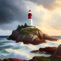 Lighthouse situated on a rocky outcrop with high ocean waves.  Generative AI - obrazy, fototapety, plakaty