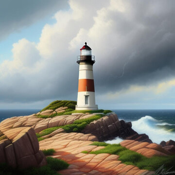 Lighthouse situated on a rocky outcrop with high ocean waves.  Generative AI
