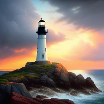 Lighthouse situated on a rocky outcrop with high ocean waves.  Generative AI