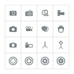 photo camera icon set with tripod, camera shutter