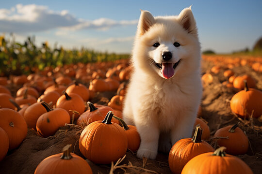 Adorable puppy sitting on a pumpkin patch