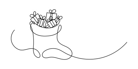 Christmas sock full of gifts. Continuous line drawing. Saint Nicholas Day, Christmas, Xmas or New Year greeting vector illustration.