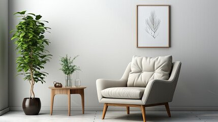 Fototapeta na wymiar Scandinavian Style Living Room: Grey Armchair Against White Wall