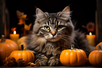 Adorable cat sitting on a pumpkin patch on dark background