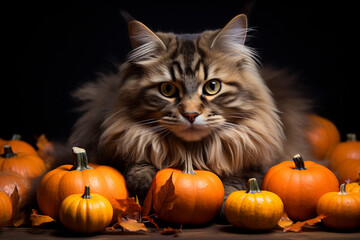 Adorable cat sitting on a pumpkin patch