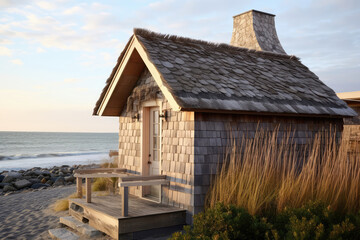 Fototapeta na wymiar Coastal Beachside Bathhouse With Weathered Shingle Exterior