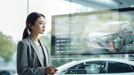 Young Asian woman in a business suit stands in front of a transparent digital screen with a car created with Generative AI Technology - obrazy, fototapety, plakaty
