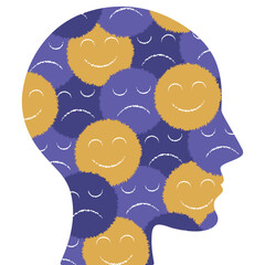 sad and happy smiley faces on human brain. bipolar and depression, mental health concept, personality, mood change, split personality concept.