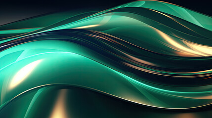 Metallic smooth waves blue and green emerald gold gradient transparent glass reflective 3d metal created with Generative AI Technology