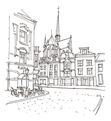 Travel liner sketches architecture of Utrecht, Holland, hand drawing sketch, graphic illustration. Urban sketch in black color isolated on white background. Hand drawn travel postcard. Travel sketch