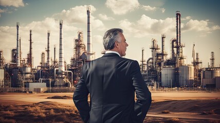 Businessman standing in front of the oil refinery in the city. - obrazy, fototapety, plakaty