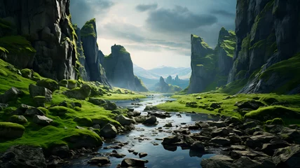 Rolgordijnen stream running through a rocky valley with green grass Generative AI © Bipul