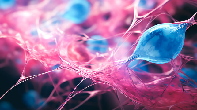 a close-up view of healthy breast tissue under a microscope, showcasing a network of laminin fibers connecting and supporting the cells