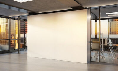 Blank wall Mockup in bright office with windows. Company interior at sunset 3D rendering
