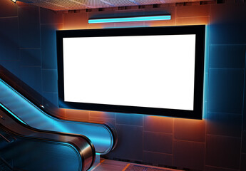 Futuristic panoramic billboard mockup. Cyberpunk style frame interior template. 3D rendering