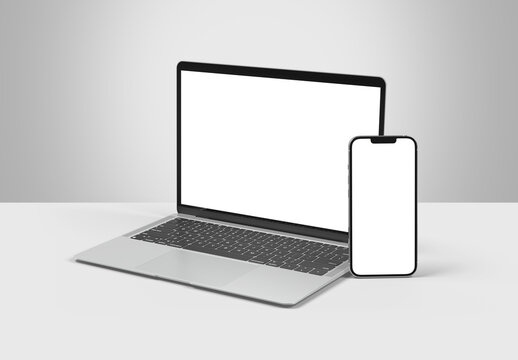 PARIS - France - September 1, 2023: Newly released Apple Macbook Air and Iphone 14, Silver color. Side view. 3d rendering laptop screen mockup on white