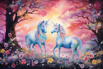 A Painting Of Two Unicorns Standing In A Forest