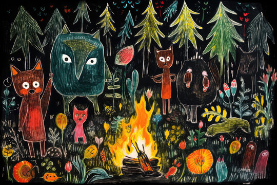 Forest Creatures Around Campfire Painted With Crayons