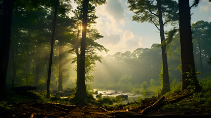 sunlight shining through the trees in a forest with a stream Generative AI
